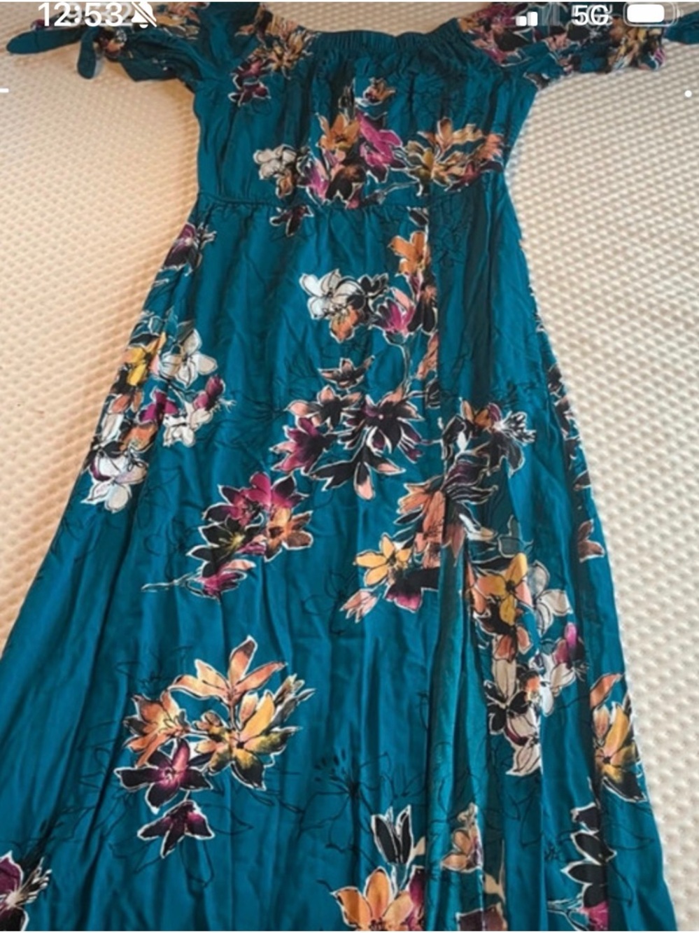 Teal Floral Off-Shoulder Maxi Dress